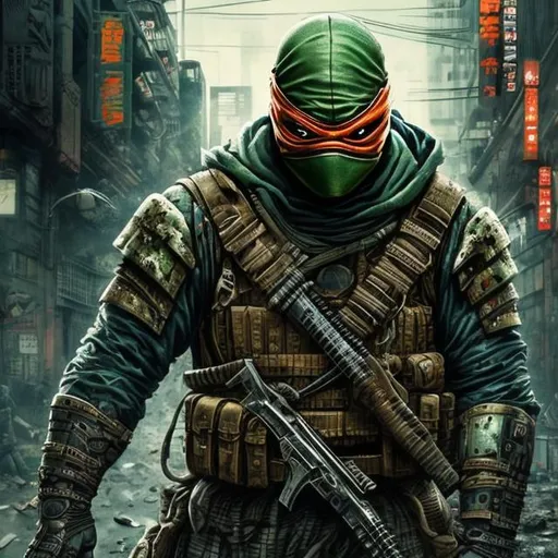 Prompt: Ninja turtle, dark green and orange. Imperfect, Gritty, Todd McFarlane Spawn style futuristic army-trained villain. full face mask. Bloody. Hurt. Damaged. Accurate. realistic. evil eyes. Slow exposure. Detailed. Dirty. Dark and gritty. Post-apocalyptic Neo Tokyo .Futuristic. Shadows. Sinister. Armed. Fanatic. Intense. 