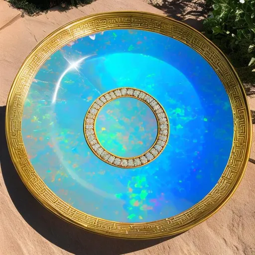 Prompt: a oil painting of a Greek birdbath made of opal stone