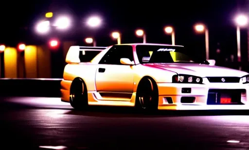 Prompt: nissan skyline R34 drifting in tokyo at night real life aesthetic 4k