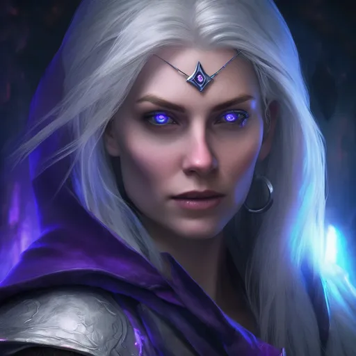 Prompt: Close-up portrait of a mysterious silver-haired warrior woman (Liora), her straight shoulder-length hair neatly tucked behind her ears, revealing piercing glowing purple eyes with vertical pupils. She stares directly at the viewer with intense focus, her angular face illuminated by an eerie blue-purple glow. She wears a high-collared dark blue living-shadow cloak that stays within the frame, with subtle spiderweb patterns visible on the bodysuit underneath. A broken silver pendant rests at her throat. The background features a contained vortex of violet-black void (Shadow Dimension) with floating mirror shards fully visible within the borders. Cinematic fantasy style, ultra-detailed facial features, symmetrical composition, dramatic chiaroscuro lighting, 8k resolution, unreal engine 5 rendering.

Key Adjustments:

1. Hair/Clothing Contained  
   - "Hair tucked behind ears" + "high-collared cloak" prevents stray elements.  
2. Background Control
   - "Contained vortex" + "fully visible within borders" ensures no cutoff.  
3. Framing
   - "Close-up portrait" + "symmetrical composition" centers everything.