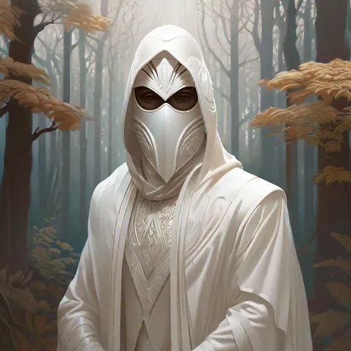 Prompt: "A drawing of a masked man in dusty white clothes with a sharp look in the middle of the foggy forest art by art germ and greg , fantasyrutkowski and alphonse mucha intricate elegant, highly detailed, digital painting, artstation"