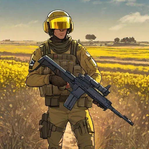 Prompt: A male scifi israeli soldier. IDF helmet. yellow visor. He helds a rifle. Scifi soldiers. In Background a farmed field. RPG art. Fading suns art. Scifi art. anime art. studio trigger art. 2d. 2d art.