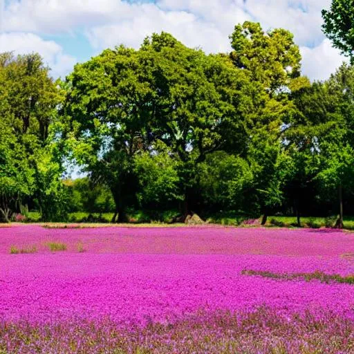 Prompt: field of pink purple and yellow flowers picnic