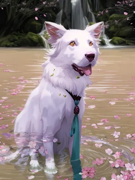 Prompt: USE DEMON SLAYER ART STYLE
REFINED LINES

White Border Collie with Green Kimono

Water Fall Background 

PINK BLOSSOMS AND ALOT OF PETALS FALLING IN THE BACKGROUND
MAKE THE ART EQUAL AS THE IMAGE
VERY DETAILED
BEAUTY
HIGH RESOLUTION
1080P
FINE-TUNED
SHADDERS
Clean
