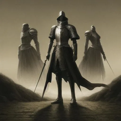 Prompt: A Knight standing in the middle of a road in a dark fantasy setting