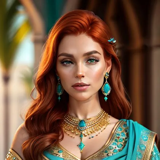 Prompt: Beautiful ethereal woman with auburn hair. wearing turquoise and gold jewelry, facial closeup