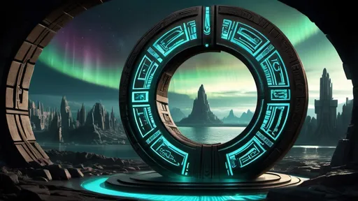 Prompt: magical portal between cities realms worlds kingdoms, circular portal, ring standing on edge, upright ring, freestanding ring, hieroglyphs on ring, complete ring, ancient aztec architecture, atlantis setting, aurora borealis, panoramic view, dark night, futuristic cyberpunk tech-noir setting