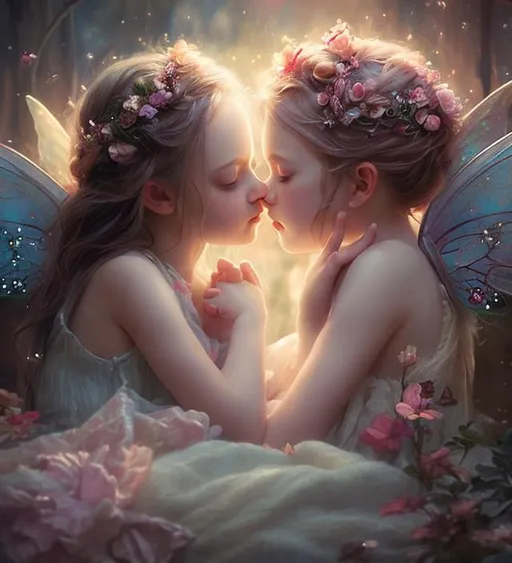 Prompt: Fairy kissed girl in her dream when she's sleeping in cozy bedroom, soft light, oil splash, dramatic effect, cinematic, magical, fae, concept art, mid shot, intricately detailed, color depth,