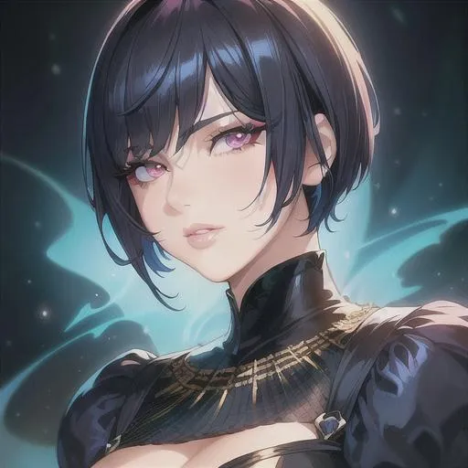 Prompt: (masterpiece, illustration, best quality:1.2), black background, short trimmed blue hair, queen theme, pink eyes, best quality face, best quality, best quality skin, best quality eyes, best quality lips, ultra-detailed eyes, ultra-detailed hair, ultra-detailed, illustration, colorful, soft glow, 1 girl