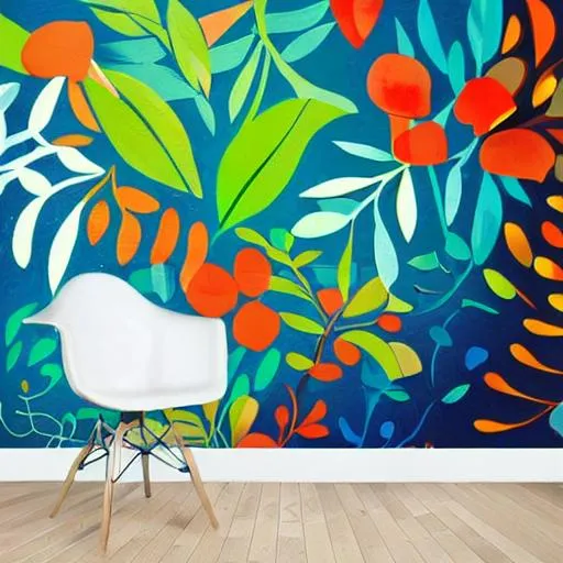 Prompt: Mural with simple colorful plants and abstract shapes. Solid colors. 