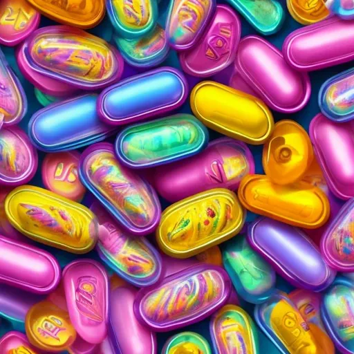 Prompt: Pills in the style of Lisa frank