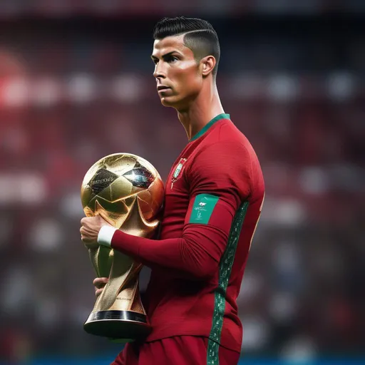 Prompt: Cristiano Ronaldo wearing Portugal jersey with CR7 written on it and carrying the world cup, Hyperrealistic, sharp focus, Professional, UHD, HDR, 8K, Render, electronic, nervous vibe, loud, tension, dark, Epic