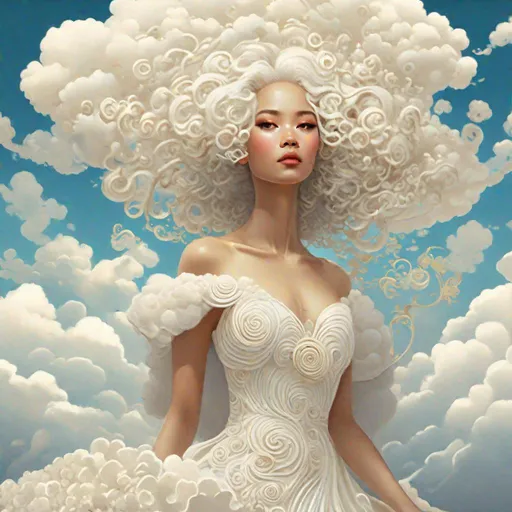 Prompt: "wedding dress made completely out of puffy clouds worn by a gorgeous girl with white swirling hair, full shot intricately detailed portrait by Konstantin Razumove, Victo Ngai, Gil Elvgren, Vera Wang :: beautiful cloud background, CGSociety, Behance HD, hyperrealistic ::"