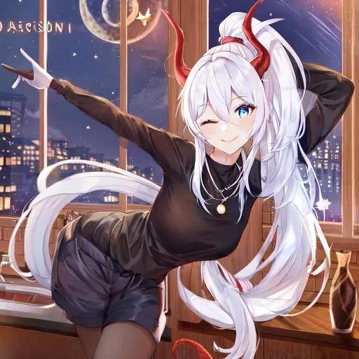 Prompt: portrait, Detailed skin, dragon girl, dragon tail, dragon horns, , standing, raising right arm, stretching, one eye closed,, long hair, white hair, ponytail, bangs, blue eyes, smile, black shirt, shorts, kitchen, window, curtains, night sky, buildings in background, moon, stars, glove on right hand, necklace, looking at viewer, from side, 16k resolution, ultra hd, best quality, looking at viewer,