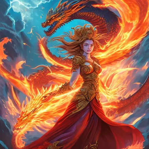 Prompt: A goddess engulfed in light and fire  fights a dragon