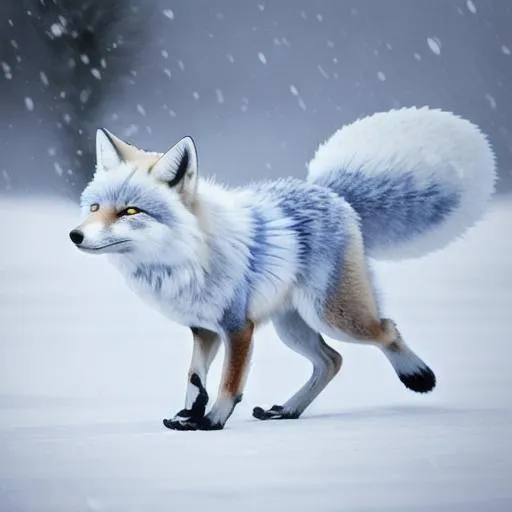 Prompt: A blue-white fox with wings walking through the snow.