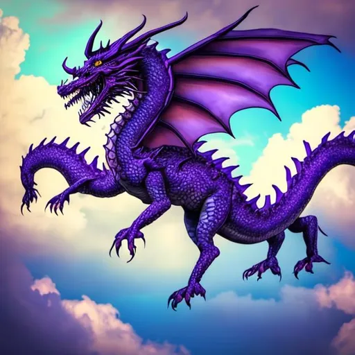 Prompt: A giant purple dragon flying in a blue sky