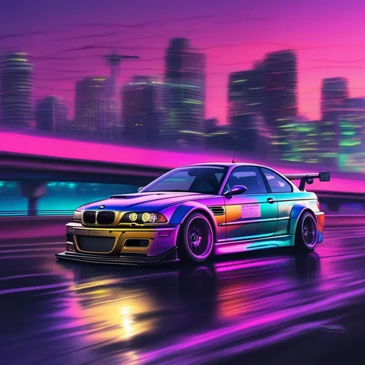 Prompt: 2001 BMW M3 E46 GTR, synthwave, aesthetic cyberpunk, miami, highway, dusk, neon lights, coastal highway, dusk, neon lights, coastal highway, sunset, drift, nurburgring, water on the road, blade runner, 8k, watercolor