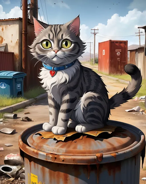 Prompt: A (((large-headed gray tabby cat))), with ((prominent big eyes)) and a sorrowful expression, sitting on a (((rusted, dented trash can lid))), as if symbolizing pity, under a (Girard Goodenow-style) big-eye backdrop with high-resolution details and advanced, emotionally charged lighting that evokes a sense of melancholy
