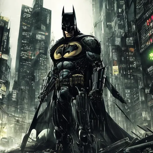 Prompt: Very dark black, gold and green evil distant future bionic enhanced batman. Super soldier. Accurate. realistic. evil eyes. Slow exposure. Detailed. Dirty. Dark and gritty. Post-apocalyptic Neo Tokyo. Futuristic. Shadows. Sinister. Armed. Fanatic. Intense. 