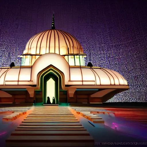 Prompt: futuristic mosque at night with cyberpunk art style