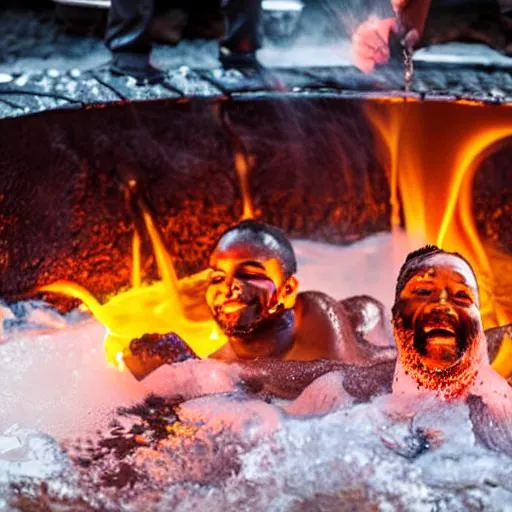 Prompt: A picture of happy men having a bath in molten lava
