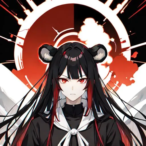 Prompt: Kuma 1male (pale) long black hair) (red eyes) holding a gun, nuclear fallout