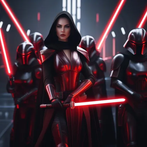 Prompt: portrait of beautiful female  Sith lords slaying innocent random aliens, red lightsaber, pretty face, followed by soldiers in dark futuristic armor, photorealistic, close-up, 8k, trending on Artstation, pixiv, dim lighting, 