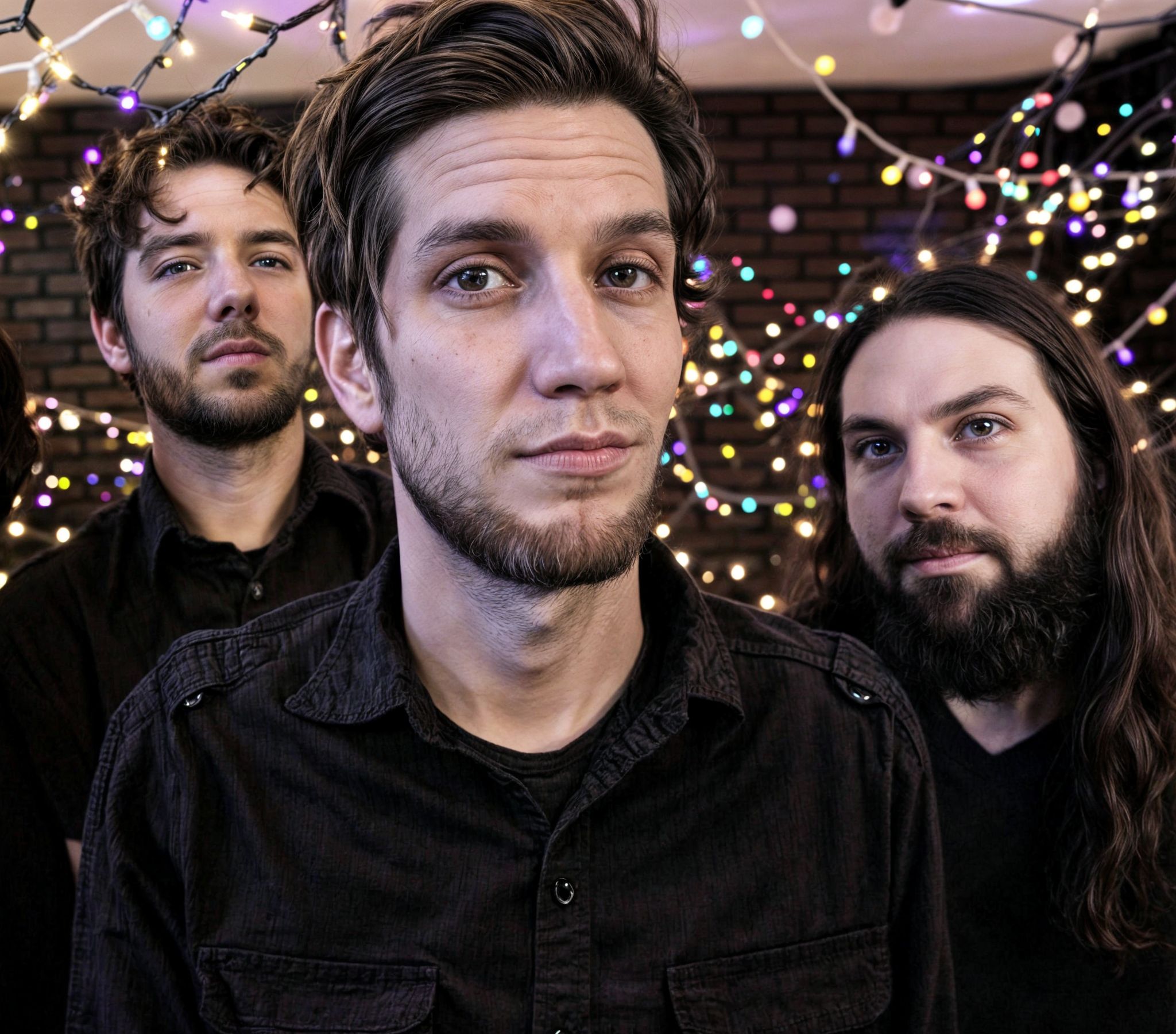 Prompt: A photo of three male band mates with xmas likes and a brickwall behind them, photo realistic 