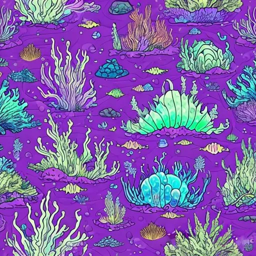 Prompt: purple violet alien underwater ocean with spiky fish and glowing rocks, green seaweed forest, soft pastel drawing