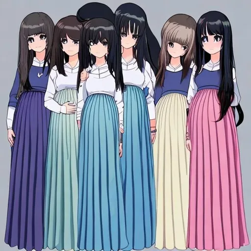 Prompt: There are multiple pregnant anime girls who are all wearing blue pleated long skirts. The hair of the pregnant anime girls are long and straight.

All of them have the same hair color.

All of them have the same height.

The pregnant anime girls are holding their baby bumps.
