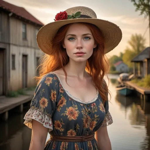 Prompt: In a quaint southern town nestled along the banks of a winding river, a mysterious woman known as Delta Dawn walks along the cobblestone streets. She's dressed in a vintage floral dress and a wide-brimmed hat, her attire reflecting a bygone era.

Her face is etched with wisdom and longing, her eyes scanning the horizon as if searching for something or someone. Despite the passage of time, there's a timeless beauty and grace about her.

Around her, the town comes to life with vibrant colors and bustling activity. Local shops display their wares, musicians play on street corners, and children playfully chase each other, adding to the charm of the scene.

In the distance, the sun sets over the river, casting a warm, golden glow over the landscape. Birds sing in the trees, and the gentle hum of conversation fills the air.

The scene captures the essence of "Delta Dawn," a song filled with mystery, nostalgia, and a touch of sadness. It paints a vivid picture of a woman who's become a legend in her own right, wandering the delta in search of love and belonging.
Make her a red head. She has white skin.