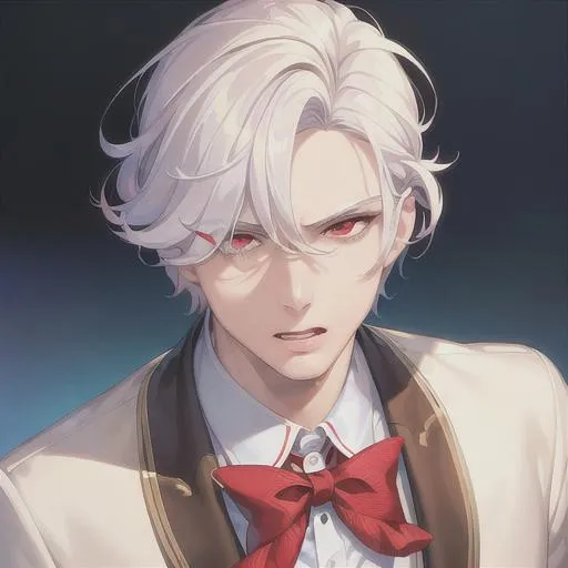 Prompt: (masterpiece, illustration, best quality:1.2), handsome boy, close up, short hair, white hair, red eyes, wearing school outfit, disgusted expression, best quality face, best quality, best quality skin, best quality eyes, best quality lips, ultra-detailed eyes, ultra-detailed hair, ultra-detailed, illustration, colorful, soft glow, 1 boy