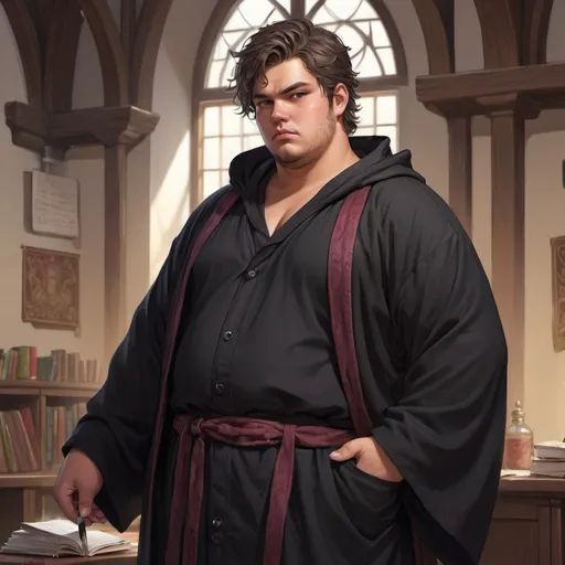 Prompt: Magic student, tanned skin, tubby teenage male, Tousled hair, stubble beard, sloppy, tubby, distracted expression, medivial style black robe, full body, common room, rpg-fantasy