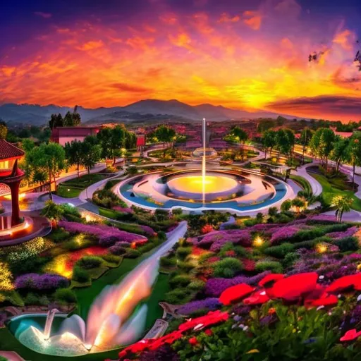 Prompt: A beautiful landscape of nature and the sunset with flowers and fountain valley 
