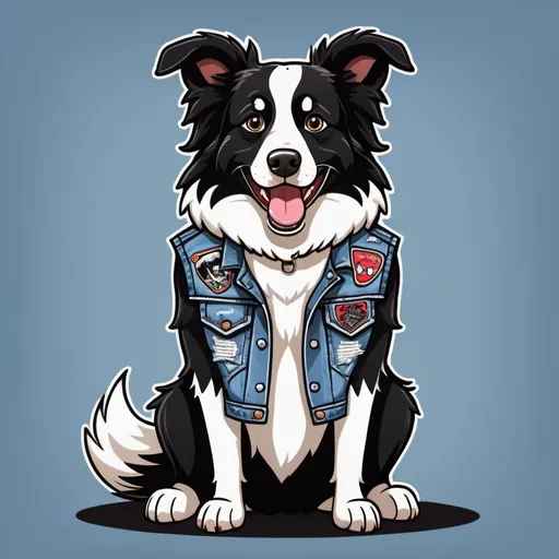 Prompt: border collie wearing a heavy metal music denim vest with patches in a cartoon style 