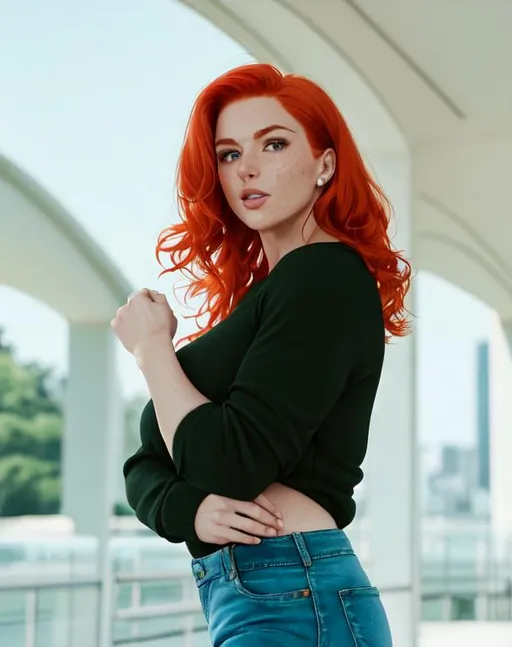 Prompt: {{reddish orange hair, freckles}}
{{woman, enormous muscles, giant muscles, muscular woman, hulking, flexing, biceps, torso}}
{{cute outfit, sweater, exposed arms}}
perfect face, perfect body, photorealistic, hyperrealistic, photograph, 22mm lens, 4k, soft lighting, 