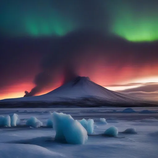 Prompt: Please create a photo from Iceland with a vulcano eruption, ice and northern lights.