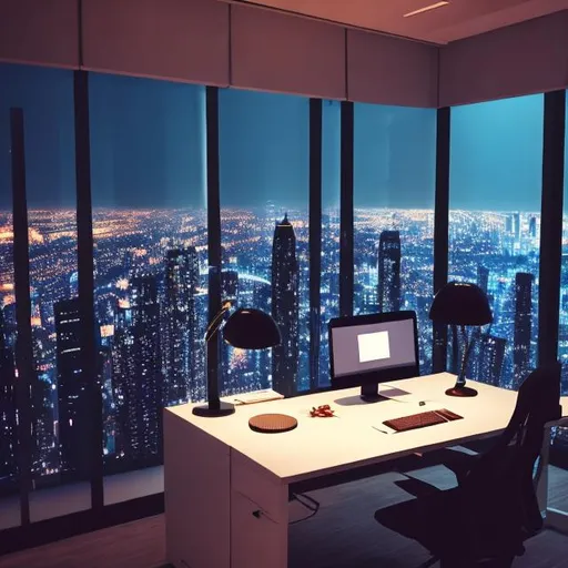 Prompt: Aesthetic work environment coding in a private office at the top of a skyscraper building in a city at night time