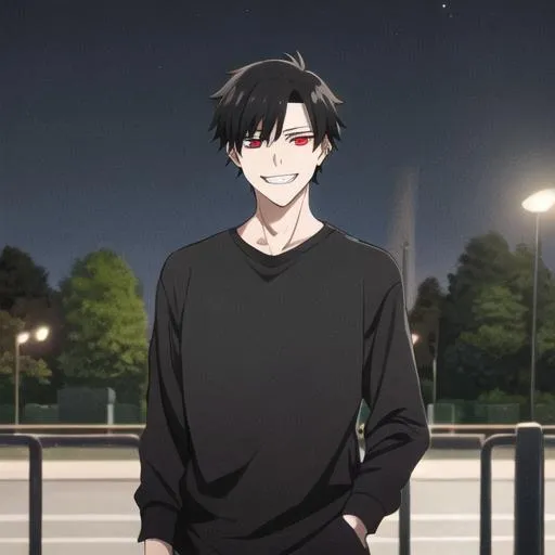 Prompt: Damien (male, short black hair, red eyes) in the park at night, grinning sadistically, casual outfit, dark out, nighttime