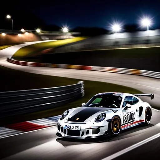 Prompt: Porsche GT3 car taking a corner at the Nurburgring at night, intense, racing, brake light trail, headlight trail, long exposure,