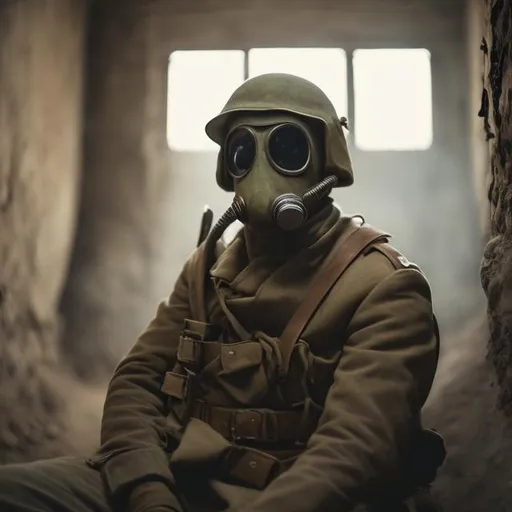 Prompt: soldier wearing gas masks inside of a trench 