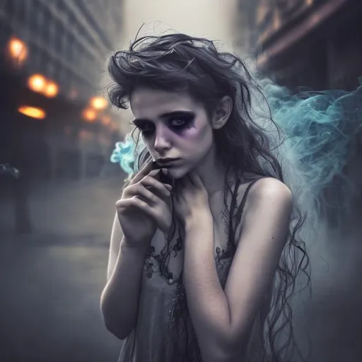 Prompt: fairy in smoke in city looking very depressed with crazy messy hair and mascara lines