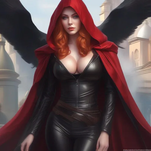 Prompt: Beautiful fantasy busty seducer, goth, (crop top:1.5), black leather clothed, ginger hair, pale skin, hooded red cloak, full body, highly detailed, digital painting, artstation, hyperrealistic, sharp focus, illustration, art by artgerm and greg rutkowski and alphonse mucha, 8k, pretty eyes, award-winning cgi, blender, headshot