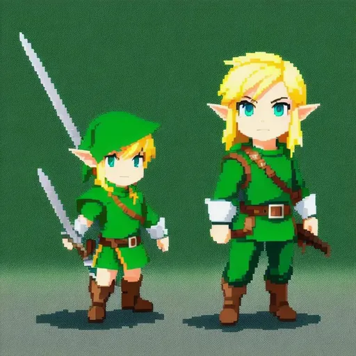Prompt: white background,

low resolution pixel art 1 chibi Link from Zeld elf warrior, dual curve sword, blonde hair, green leather and cotton clothes, blue eyes, standing, as the Green Power Ranger

pixel art, fantasy art,

inspired by final fantasy, RPG Maker style,