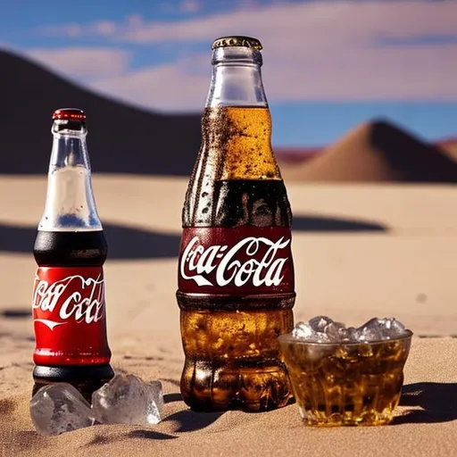 Prompt: Coca-Cola bottle on desert and another bottle of coca cola on ice 