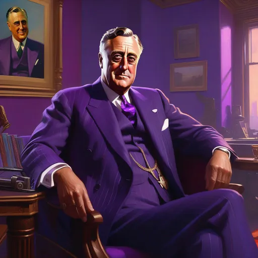 Prompt: Franklin Roosevelt in Saints Row, guns, cartoony, purple atmosphere, extremely detailed painting by Greg Rutkowski and by Henry Justice Ford and by Steve Henderson