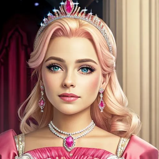 Prompt:  princess wearing pink,  blonde hair pulled back, tiara, diamond and ruby jewelry, facial closeup