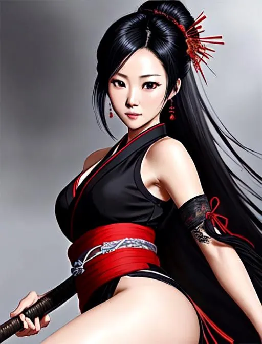 Prompt: Zhang Ziyi, 25 years old, , sleeveless, black wild hair, brown eyes, battlefield, holding a sheathed katana in hand, ethereal, black traditional kimono from FFXIV, jewelry set,stunning, royal vibe, highly detailed, digital painting, Trending on artstation , HD quality, tan skin,artgerm,  by Ilya Kuvshinov 