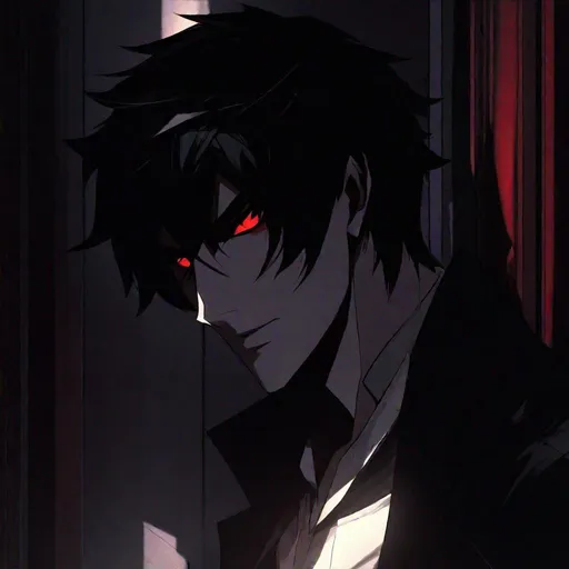 Prompt: Damien (male, short black hair, red eyes) stalking someone, lurking in the shadows with sadistic look on his face